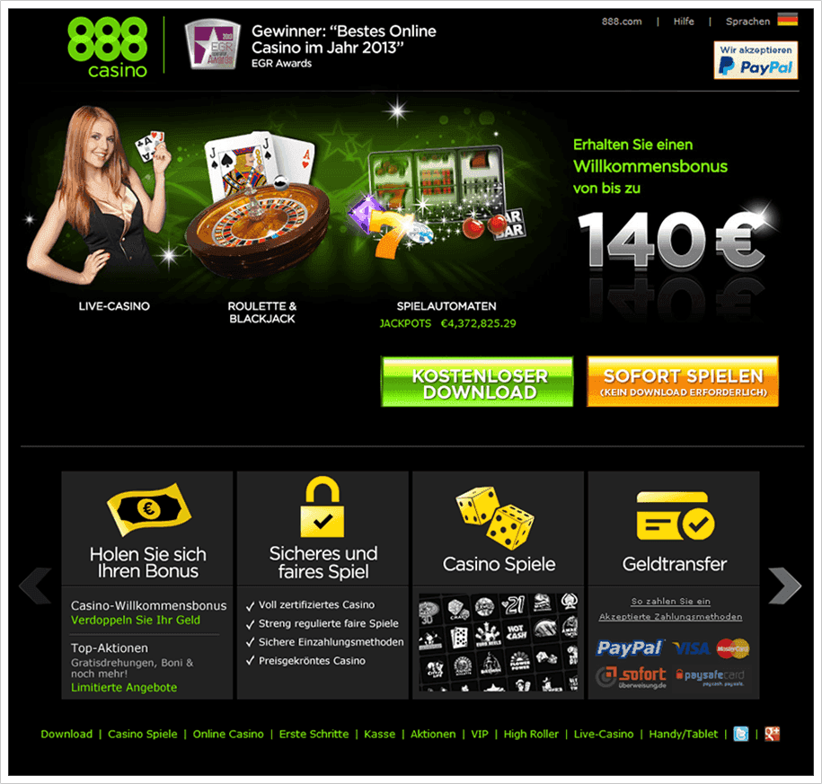 Die Homepage des 888 Casinos mit aktuellem Bonusangebot