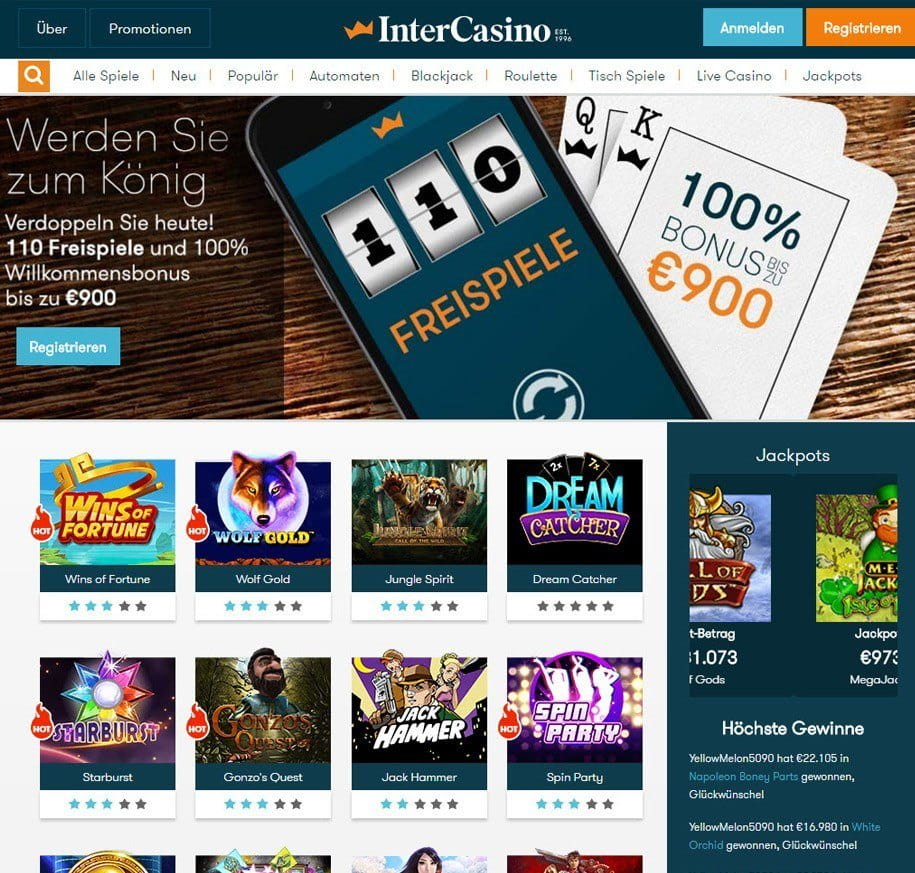 Der neue Look von der InterCasino Webseite