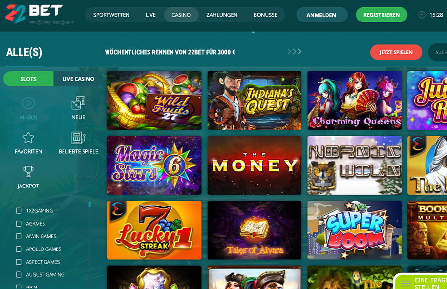 Das großartige Spieleportfolio vom 22Bet Casino.