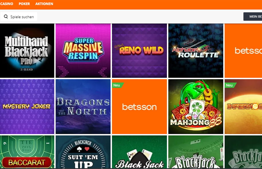 Überblick über die Echtgeld Spiele im Betsson Casino.