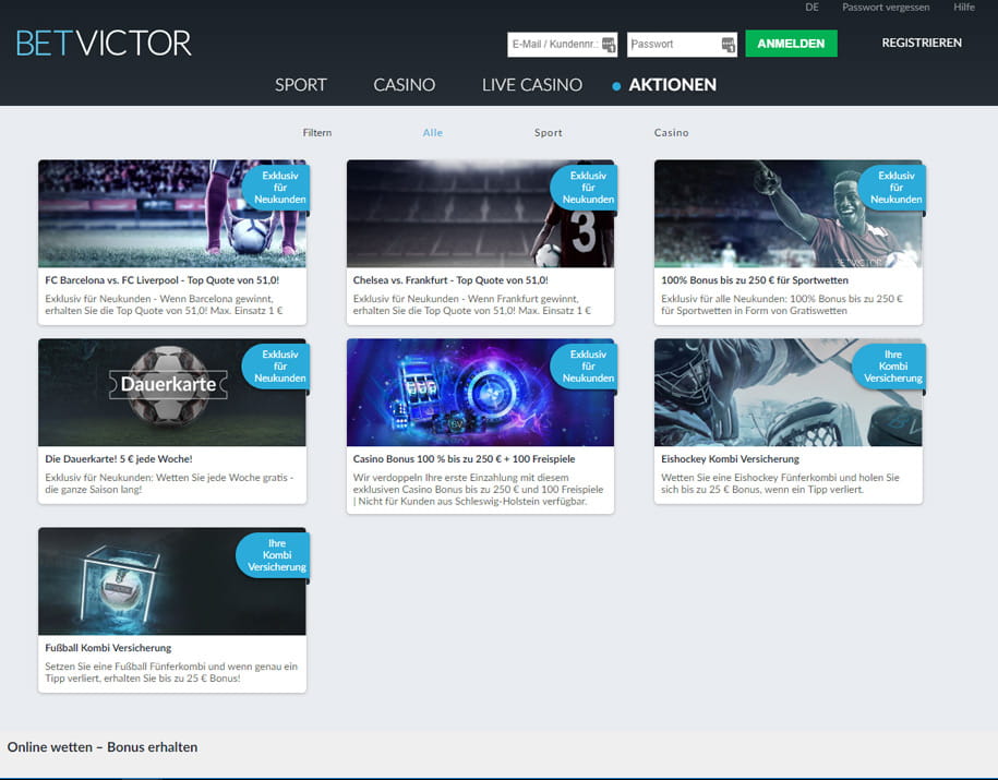 Das BetVictor besitzt eine sehr vielfältige Aktionsseite.