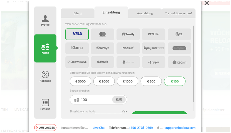 Die Auswahl an Zahlungsmethoden im BoaBoa Casino.