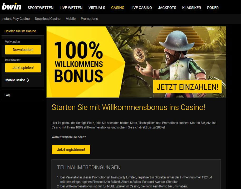 Blick auf das Willkommensangebot im bwin Casino, das einen 100% Bonus bis zu einem Einzahlungsbetrag in Höhe von 200€ umfasst.