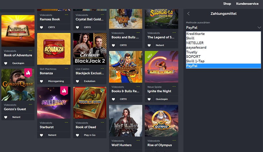 Im Kundenbereich des ComeOn Casinos kann man sich die Zahlungsmittel über ein Dropdown-Menu anzeigen lassen. Neben PayPal gehören u.a. auch Kreditkarten sowie Skrill und Neteller dazu.