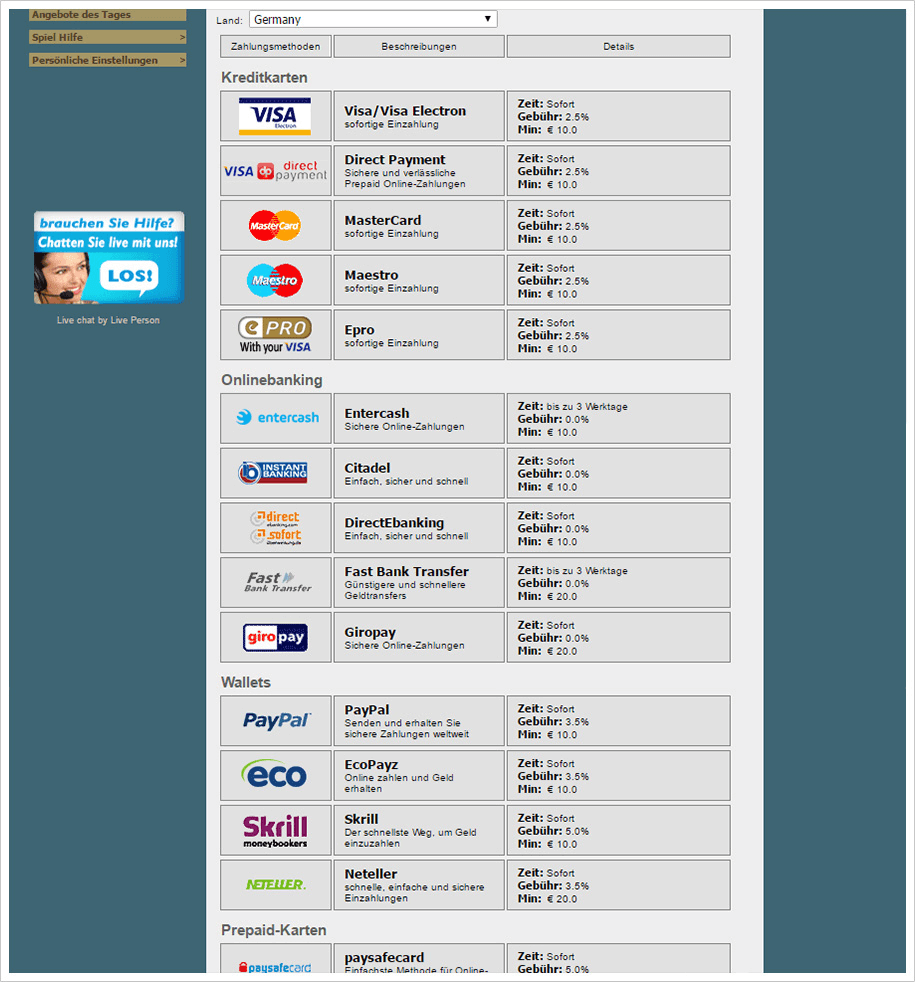 Übersicht der Einzahlungsmethoden mit allen wichtigen Informationen