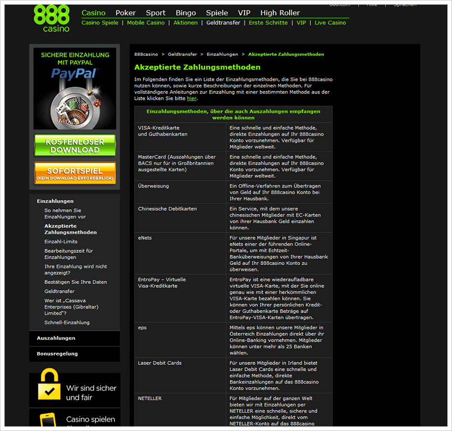 Die 888 Webseite bietet umfangreiche Informationen und Kritiken zu den verfügbaren Zahlungsmethoden