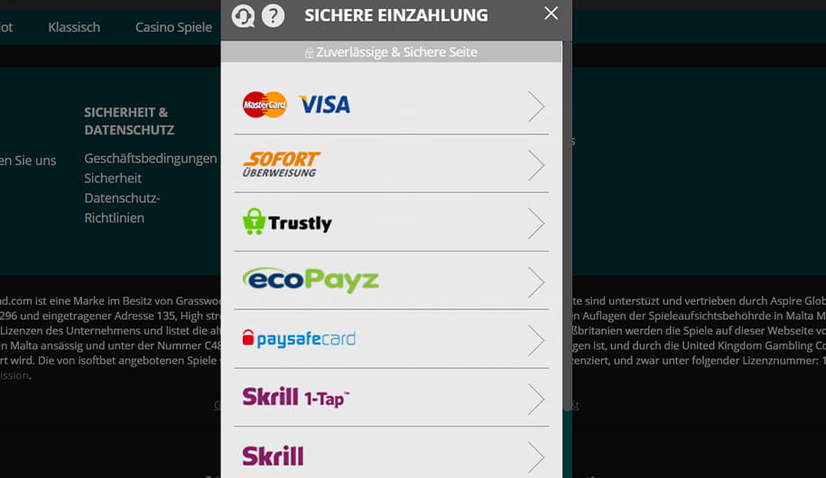 Die verfügbaren Zahlungsmethoden im Luckland Casino.