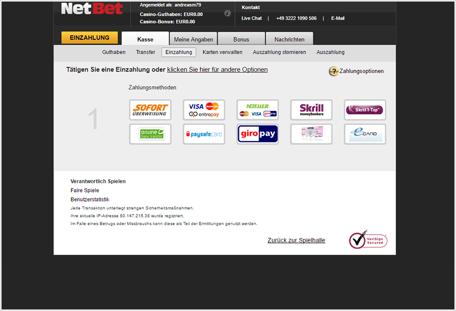 Überblick der vorhandenen Zahlungsoptionen bei NetBet