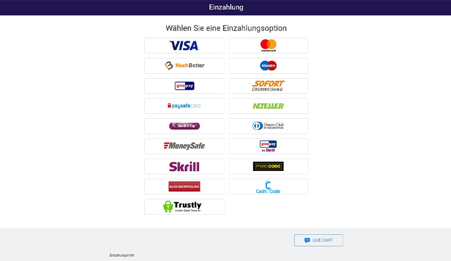 Ein Blick auf die Zahlungsoptionen im PartyCasino. Darunter befinden sich diverse Kreditkarten und E-Wallets.