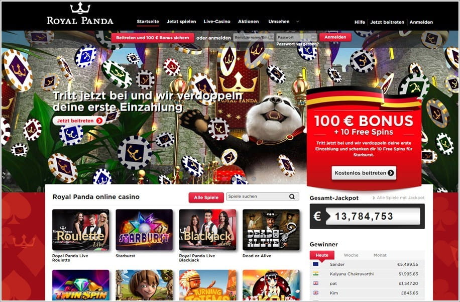 Royal Panda Webseite mit Willkommensbonus