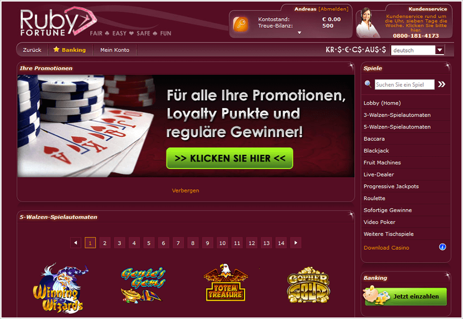 Die Spielauswahl beim Ruby Fortune Online Casino