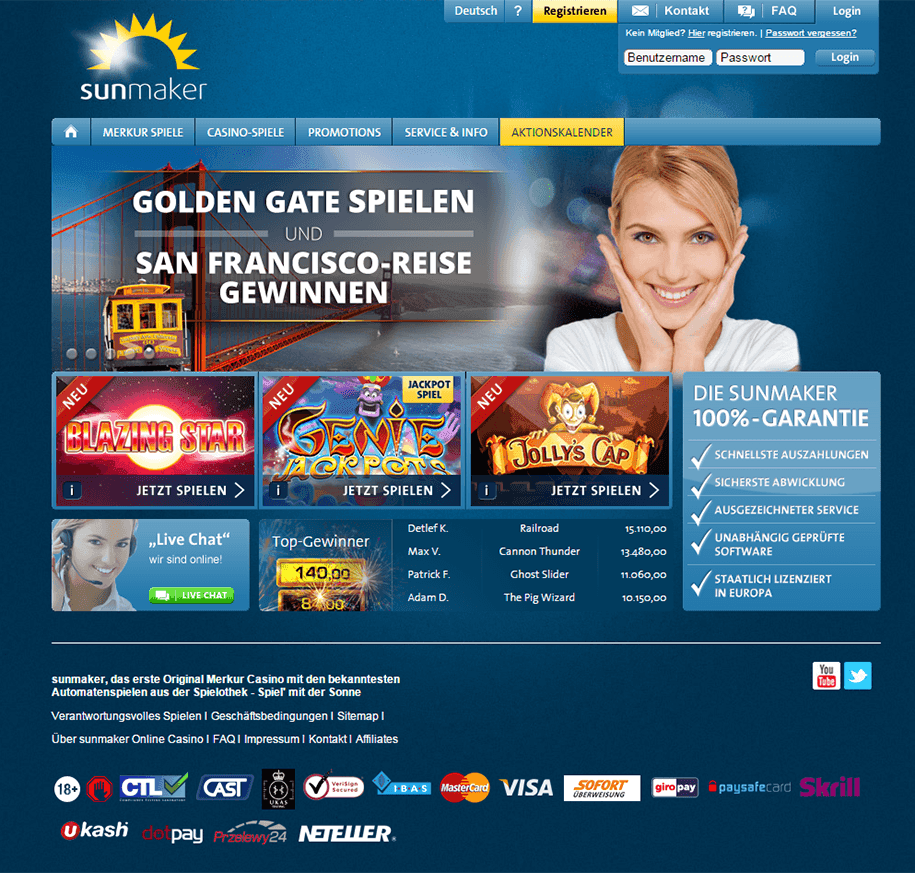 Übersicht über die Sunmaker Casinoseite