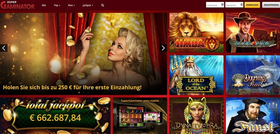 Die Webseite des SuperGaminator Casinos mit dem Neukundenbonus