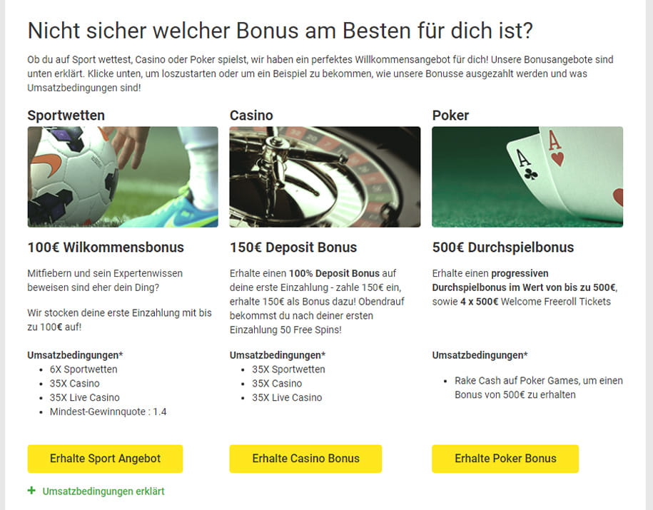 Die Bonusseite bietet unterschiedliche Angebote